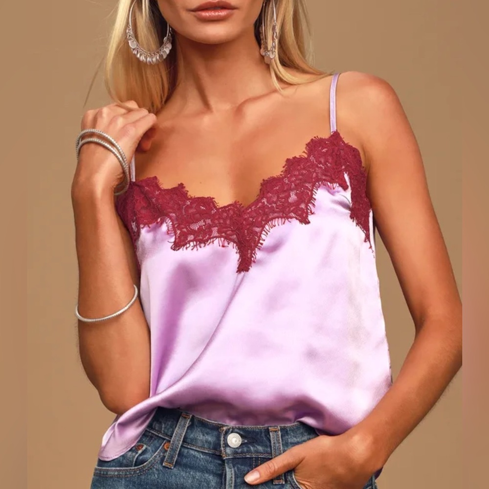 Lulus Satin Camisole with Red Lace Trim